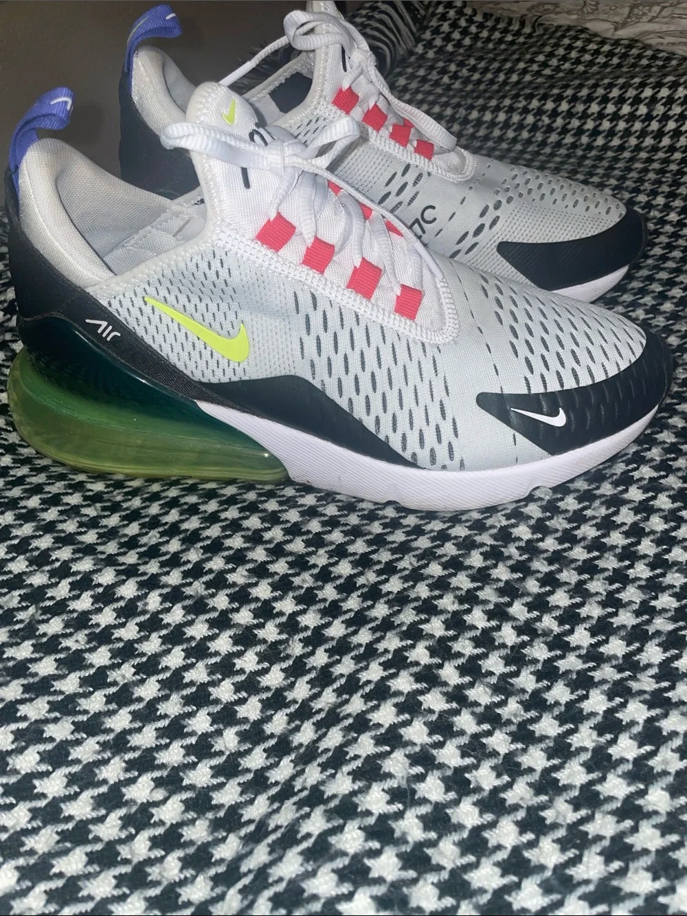 Nike Air Max 270 White Black Volt Shoes with Purple Pull Tab